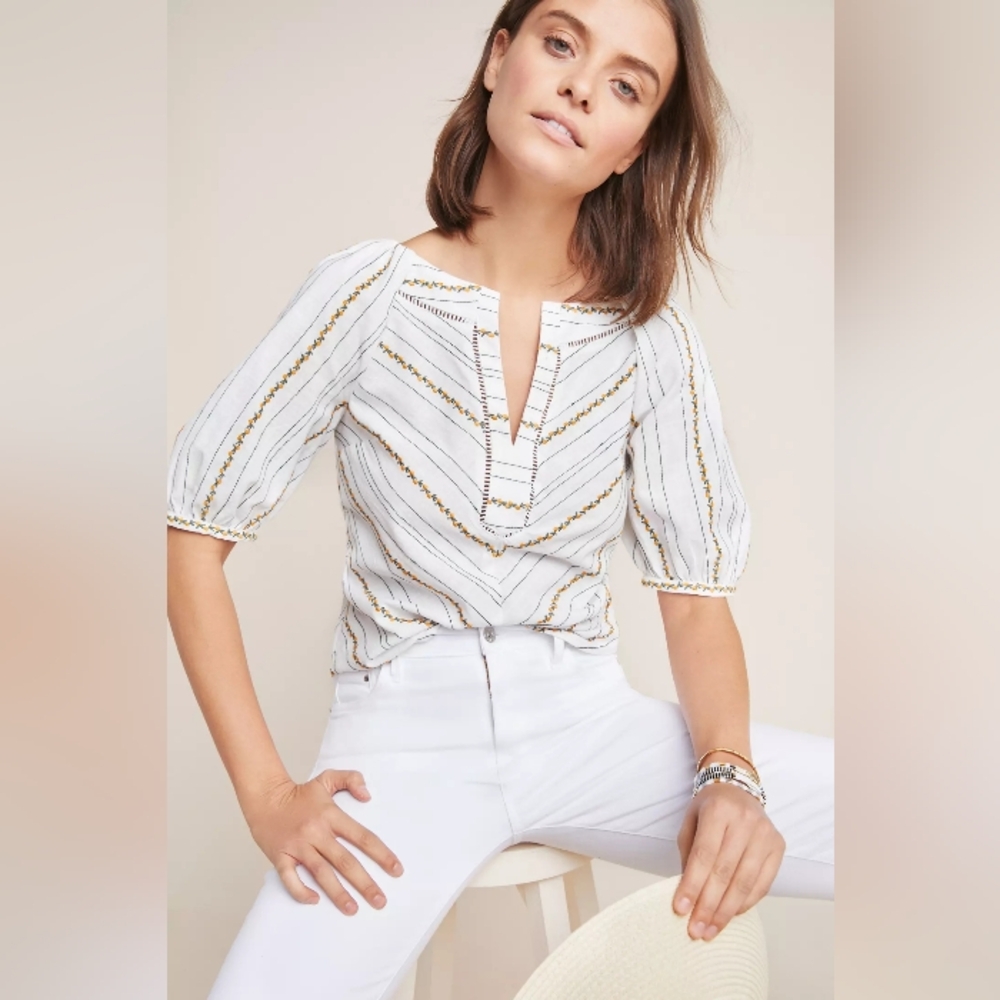 Maeve Anthropologie Fruit Embroidered V-Neck Puff Sleeve White Cotton Blouse